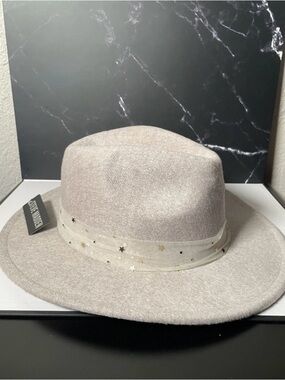 Steve Madden Light Beige Wide Brim Fedora with Mesh Star Accent